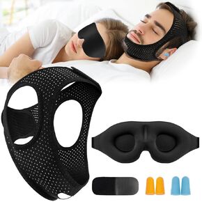 Anti Snoring Chin Strap for Sleeping, Adjustable Flexible Sleep Chin Strap to Keep Mouth Closed, Breathable Airflow Jaw Strap for Sleep Men Couple Stop Snoring Jaw Strap Set with 3D Eye Mask