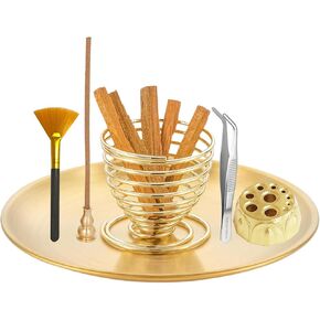 حامل عصا البخور Sigzkk 7-in-1 ، Palo Santo Sage Holder ، Bisense Burner للعصي/الملفات/المخاريط ، 5.5 بوصة من النحاس الماسك مع الفرشاة والملاقط ، وتأمل اليوغا سبا ديكور (7)