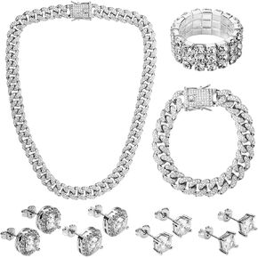 Tiamon 7 Pcs Cuban Link Chain Jewelry Set with Silver Rhinestone Necklace Bracelet Bling Stud Earrings Stretch Ring for Women Men