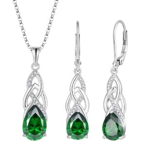 Jo Wisdom Celtic Knot Infinity Jewelry مجموعة للنساء 925 الفضة الإسترليني الفضة الزمرد المتدلى قطرة Leverback MAWN