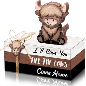 4 Pcs Highland Cow Wood Book Stacks Decor Highland Cow Wooden Tiered Tray Decor Rustic Table Centerpiece Block Signs Christmas Decorations for Home Dining Table Mantel Shelf