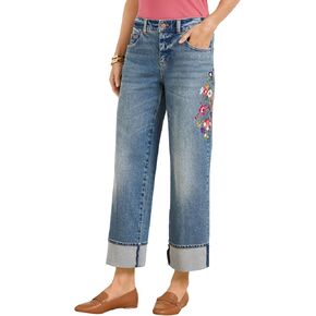 LifeShe Women Embroidered Jeans Mid Waist Stretch Cuffed Straight Leg Denim Pant