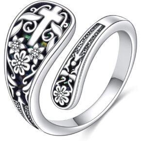 yfn S925 Sterling Silver Hummingbird/Cross/Sunflower/Mountain/Tree of Life Spoon Ring - عتيقة Boho عباد الشمس الإبهام خواتم الالتفاف الأكسدة على الطراز الفيكتوري الأزهار العتيقة الهدايا للرجال النساء