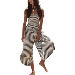 Meladyan Women's Strapless Jumpsuits Striped Summer Loose One Piece Wide Leg Pants Rompers with Pockets