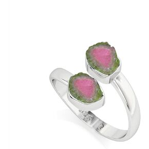 Natural Raw/Rough Watermelon Tourmaline 2 Stone Size Adjustable Stackable Twister Ring for Women in Sterling Silver, October Birthstone Jewelry Gifts for Her (Bezel-Set)