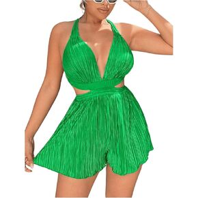 SweatyRocks Women's Deep V Neck Open Crisscross Back Summer Romper Flowy Texture Shorts Vacation Jumpsuit