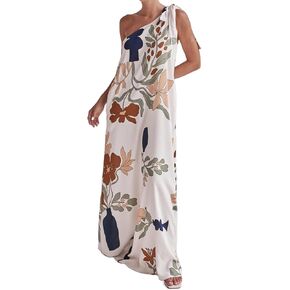 Women's Summer One Shoulder Maxi Dresses Printed Flowy Boho Beach Vacation Long Sundress with Pockets