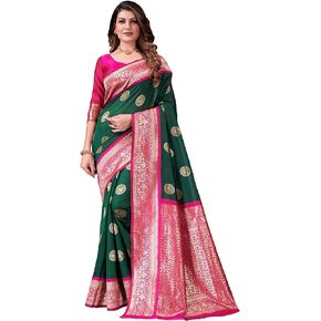 ساري knetli للنساء الهندي التقليدية الحرير الحرير الأخضر والوردي Zari Saree للسيدات مع بلوزة غير مختلطة