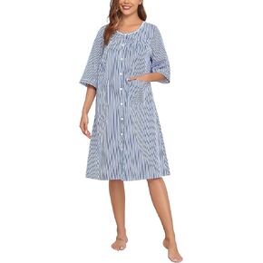 YOZLY Nightgowns for Women Cotton Snap Front Housecoat 3/4 Sleeve Housecoat with Pockets S-3XL