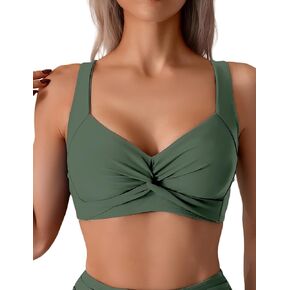 Tainehs Women's Push Up Bikini Top Twist Front V Neck Swimsuit Top Wide Shoulder Straps Bathing Suit Top
