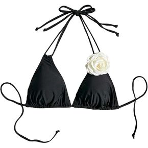 Wdirara Women's 3D Flower Decor Cup Triangle Cup Halter Tops Tops Summer Tie Backless Clain Cheeky Bikini Top