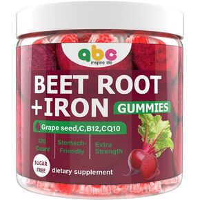 مضغات البنجر الجذري 100mg-Red Beets مع الشمندر وبذور العنب و CoQ10 وفيتامين C و Iron & B12 دعم الطاقة ومكمل مكملات دعم ضغط الدم من أجل النساء ، خالية من السكر ، 120 التهم
