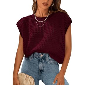 Womens Crochet Cap Sleeve Sweater Summer Crew Neck Casual Hollow Out Knit Tops Pullover Trendy Beach Cover Ups Outfits