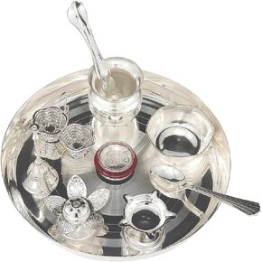 Silver Plated Pooja thali Set 8 Inch with Plate Diya Kalash Bowl Ghanti Dhup Dan Palli Spoon Kumkum Stand Coin Puja Thali for Diwali Home Mandir Office Wedding Return Gift Items