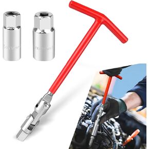 Pack-3 Car Spark Plug Socket Wrench, 360 Degree Multi-Angle Spark Plug Disassembly Tool, T-Handle Non-Slip Socket Set with 5/8"/16mm and 13/16"/21mm Wrench, Universal for Cars (Red & Silver)