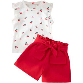 MakeMeChic Girl's 2 Piece Cute Outfit Cherry Ruffle Sleeve Crew Neck Tank and Belted Shorts Set
