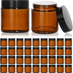 KEYWING 2oz Small Glass Jars with Black Lids, 48 Pack Amber Glass Cosmetic Jars, Round Empty Sample Container with Inner Liners for Lotions, Cream, Powders and Ointments