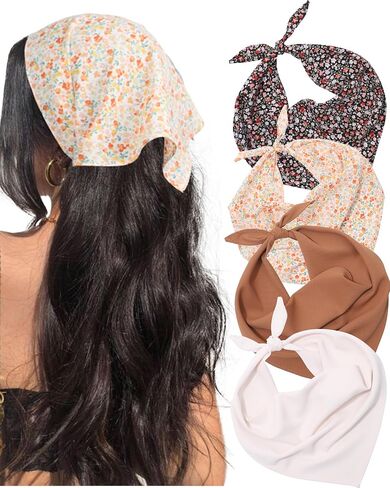 AWAYTR 4 Pcs Triangle Head Scarf Headband for Women Hair Bandanas for Women's Hair Boho Kerchief Headbands (White + Curry + Pink Crushed + Black Crushed) in Saudi Arabia