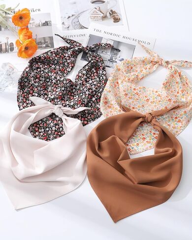 AWAYTR 4 Pcs Triangle Head Scarf Headband for Women Hair Bandanas for Women's Hair Boho Kerchief Headbands (White + Curry + Pink Crushed + Black Crushed) in Saudi Arabia