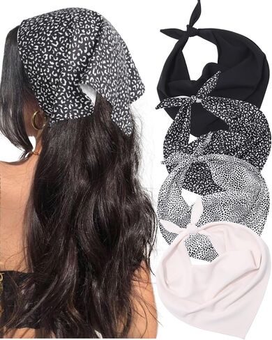 AWAYTR 4 Pcs Triangle Head Scarf Headband for Women Hair Bandanas for Women's Hair Boho Kerchief Headbands (White + Curry + Pink Crushed + Black Crushed) in Saudi Arabia