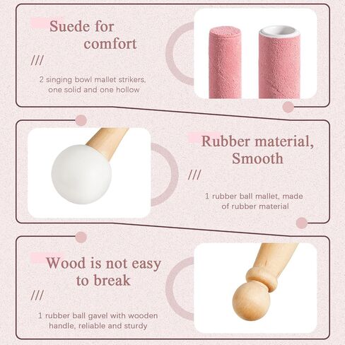 3 Pieces Crystal Singing Bowl Mallet Set, Include Thick Suede Striker Solid and Hollow Sound Bowl Stick, Crystal Singing Bowl Rubber Mallet with Wood Handle for Playing Singing Bowl in Saudi Arabia