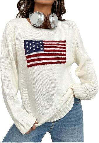 Women's Flag Pattern Long Sleeve Round Neck Sweater Casual Loose Pullover Sweater Top in Saudi Arabia
