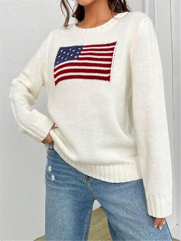 Women's Flag Pattern Long Sleeve Round Neck Sweater Casual Loose Pullover Sweater Top in Saudi Arabia