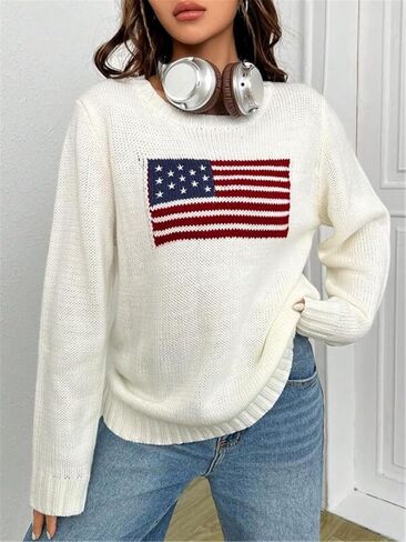 Women's Flag Pattern Long Sleeve Round Neck Sweater Casual Loose Pullover Sweater Top in Saudi Arabia