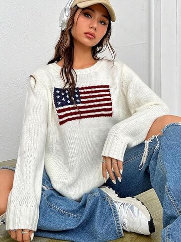 Women's Flag Pattern Long Sleeve Round Neck Sweater Casual Loose Pullover Sweater Top in Saudi Arabia