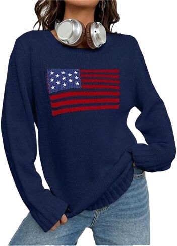 Women's Flag Pattern Long Sleeve Round Neck Sweater Casual Loose Pullover Sweater Top in Saudi Arabia