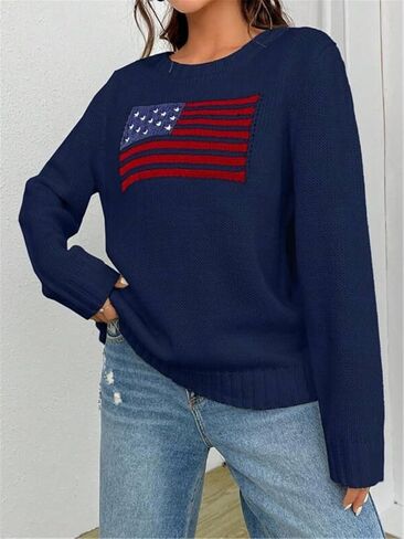Women's Flag Pattern Long Sleeve Round Neck Sweater Casual Loose Pullover Sweater Top in Saudi Arabia
