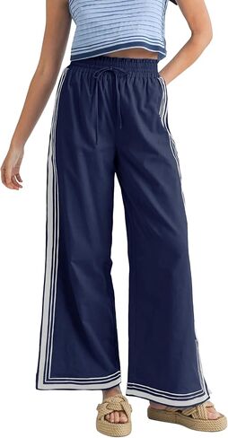 Womens Casual Wide Leg Side Striped Pant Drawstring Elastic Waist Lounge Palazzo Pants with Pockets in Saudi Arabia