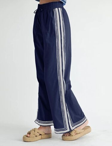Womens Casual Wide Leg Side Striped Pant Drawstring Elastic Waist Lounge Palazzo Pants with Pockets in Saudi Arabia
