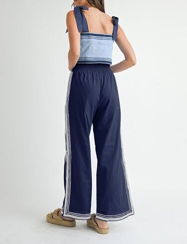 Womens Casual Wide Leg Side Striped Pant Drawstring Elastic Waist Lounge Palazzo Pants with Pockets in Saudi Arabia
