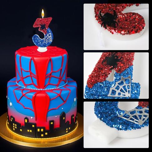 الأحمر والأزرق مع شموع عيد ميلاد Silver Spider Web ، موضوع كرتون العنكبوت ، زخرفة Happy Candle Cake مناسبة للبنين والبنات لوازم حفلات الأطفال (3) in Kuwait