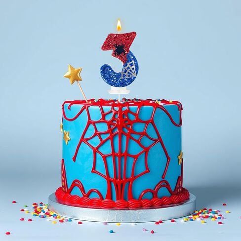 الأحمر والأزرق مع شموع عيد ميلاد Silver Spider Web ، موضوع كرتون العنكبوت ، زخرفة Happy Candle Cake مناسبة للبنين والبنات لوازم حفلات الأطفال (3) in Kuwait