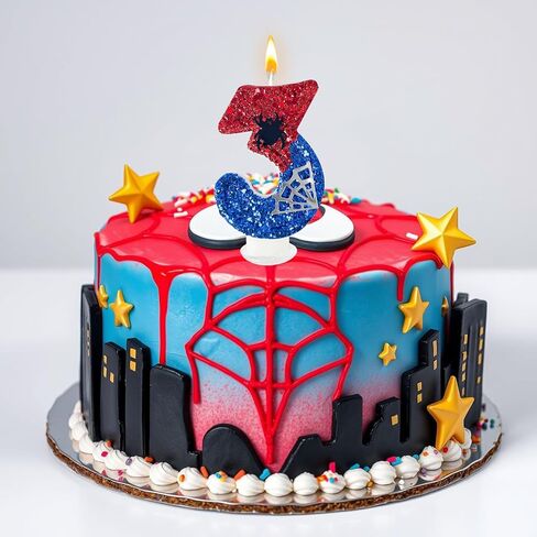 الأحمر والأزرق مع شموع عيد ميلاد Silver Spider Web ، موضوع كرتون العنكبوت ، زخرفة Happy Candle Cake مناسبة للبنين والبنات لوازم حفلات الأطفال (3) in Kuwait