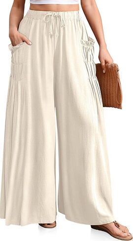 Tarse Women Linen Palazzo Pants Summer Wide Leg Boho الرباط غير الرسمي صالة بانت بيتش سفر العطلات in Kuwait