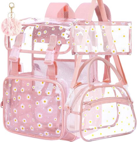 3PCS Pink Clear Backpack, Heavy Duty Transparent Bookbag for Girls Women, Stadium Approved See Through Backpack with Lunch Box (Pink Daisy) in Kuwait
