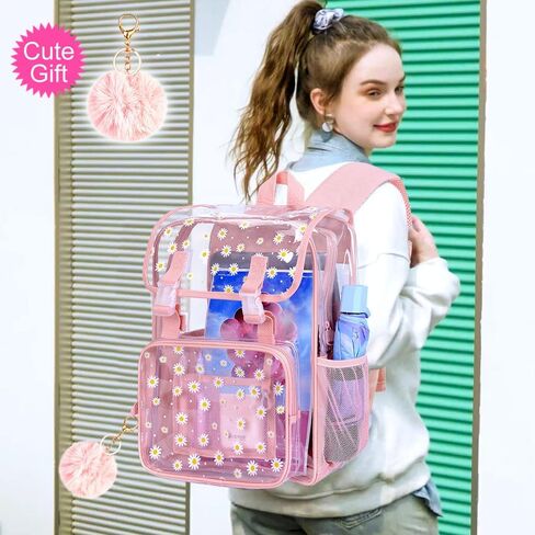 3PCS Pink Clear Backpack, Heavy Duty Transparent Bookbag for Girls Women, Stadium Approved See Through Backpack with Lunch Box (Pink Daisy) in Kuwait