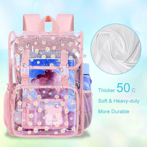 3PCS Pink Clear Backpack, Heavy Duty Transparent Bookbag for Girls Women, Stadium Approved See Through Backpack with Lunch Box (Pink Daisy) in Kuwait