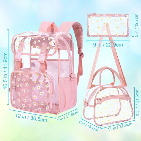 3PCS Pink Clear Backpack, Heavy Duty Transparent Bookbag for Girls Women, Stadium Approved See Through Backpack with Lunch Box (Pink Daisy) in Kuwait