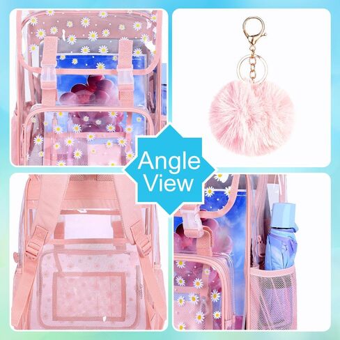 3PCS Pink Clear Backpack, Heavy Duty Transparent Bookbag for Girls Women, Stadium Approved See Through Backpack with Lunch Box (Pink Daisy) in Kuwait