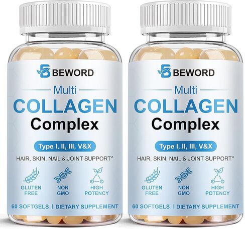 Multi Collagen Softgels for Women & Men, 120 Capsules - Type I,II,III,V,X Hydrolyzed Collagen w/Vitamin C & Hyaluronic Acid - Supports Skin, Hair, Nails, Joints - Grass-Fed, Non-GMO, 2 Pack in Saudi Arabia