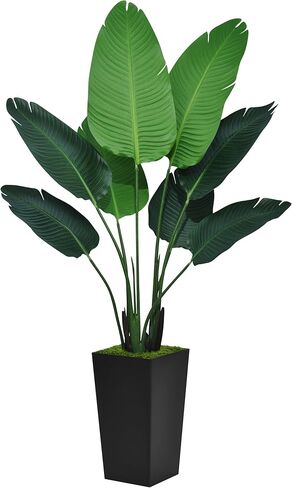 Bird of Paradise Plant Plant 5ft - Faux Tropical Palm Tree مع زارع أبيض طويل القامة - نبات أرضي مزيف - شجرة حريرية اصطناعية للمكتب المنزلي ديكور غرفة المعيشة الداخلية in Kuwait