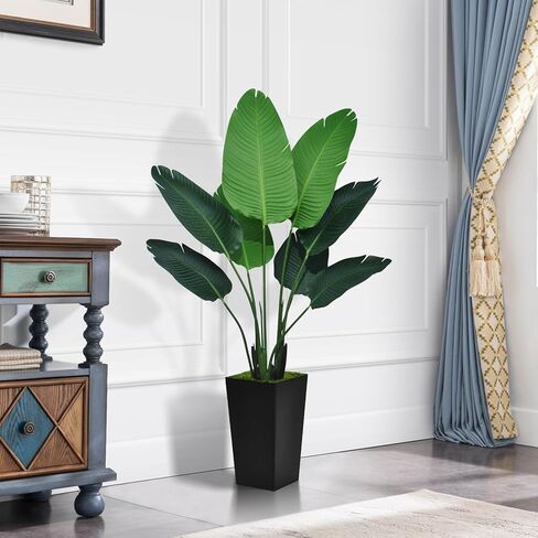 Bird of Paradise Plant Plant 5ft - Faux Tropical Palm Tree مع زارع أبيض طويل القامة - نبات أرضي مزيف - شجرة حريرية اصطناعية للمكتب المنزلي ديكور غرفة المعيشة الداخلية in Kuwait