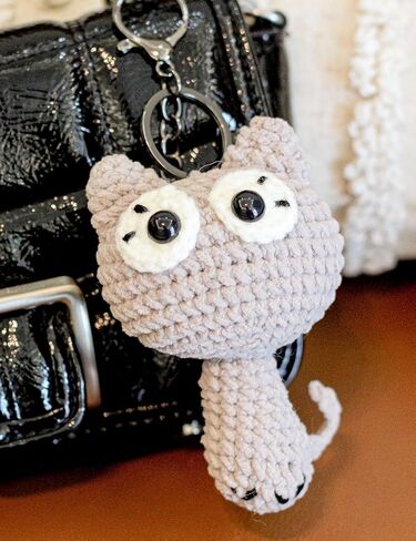 Funny Cat Bag Charm Crochet Animal Crochet Gifts Stuff Gift Bag Charms Crochet Animals Already Made Positive Cat Emotional Support Grey in Saudi Arabia