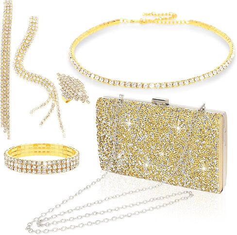 Wecoe 5pcs/set Jewelry Purse Set For Women Handbags Clutch Rhinestone Diamond Necklaces Bracelets Earrings Ring Set Wedding Bridal Prom Homecoming Costume Jewelry Formal Evening Bag Accessories in Saudi Arabia