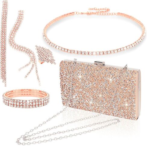 Wecoe 5pcs/set Jewelry Purse Set For Women Handbags Clutch Rhinestone Diamond Necklaces Bracelets Earrings Ring Set Wedding Bridal Prom Homecoming Costume Jewelry Formal Evening Bag Accessories in Saudi Arabia
