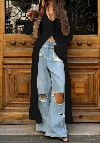 NRTHYE Women Long Crochet Cardigans Button up Knit Hollow Out Elegant Duster Sweaters Cover Up Maxi Dress in Kuwait